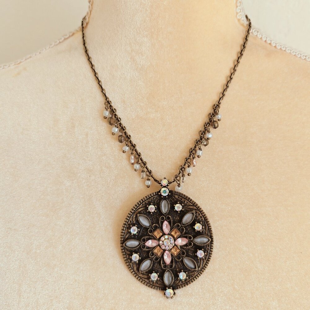 Lia Sophia Floral Crystal Aged Gold Victorian Romantic Medallion Necklace